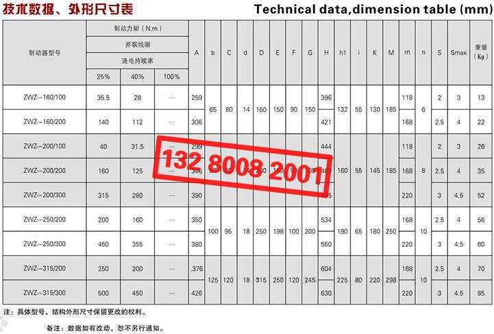 ZWZ3系列直流電磁鼓式制動器技術(shù)數(shù)據(jù)、外形尺寸表